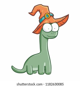 Funny and cute dinosaurs wearing witch hat for Halloween - vector.