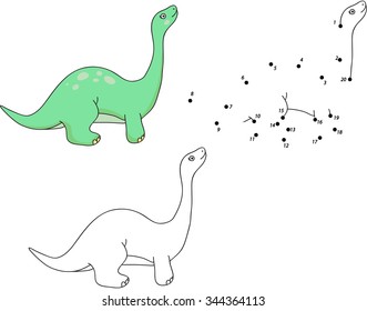 Funny cute diplodocus. Educational game for kids. Connect digits dot to dot and ge image. Vector illustration