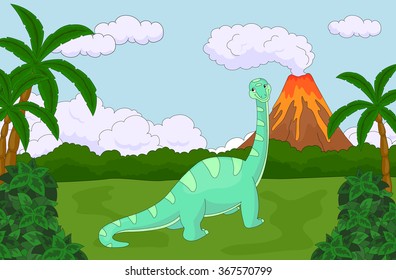 Funny cute diplodocus on the background of a prehistoric nature. Educational game for kids. Vector illustration