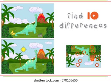 Funny cute diplodocus on the background of a prehistoric nature. Educational game for kids: find ten differences
