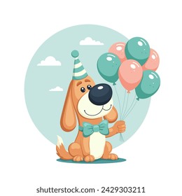 Funny and cute dog with balloons and party hat. Birthday Puppy. Vector illustration isolated on white background.