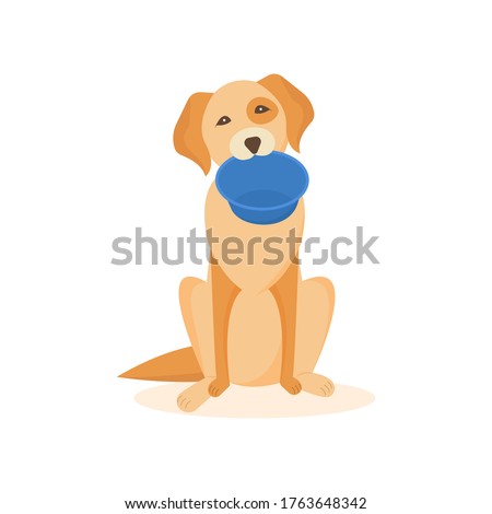 Funny cute dog character asks for food. Miserable hungry dogy with an empty bowl isolated. Cartoon flat design. Vector illustration.