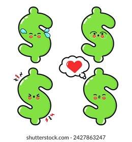 Conjunto de personajes de signo de dólar lindo divertido. Vector dibujado a mano estilo doodle dibujo animado ilustración de carácter icono diseño. Fondo blanco aislado. Colección de mascotas de signo de dólar