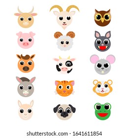 Funny cute domestic animals heads. Cartoon characters. Flat vector stock illustration on white background. Cute heads of pig, yak, sheep, cow, goat, alpaca, dog, cat, horse, donkey, mouse, hamster