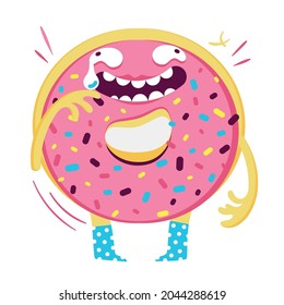 Funny cute donut, mascot character with different emotions, for cafes, social media and web design, print on posters and postcards. Vector cartoon  illustration on white isolated background.
