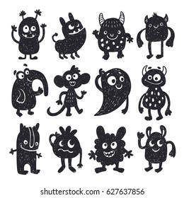 Funny cute doodle hand drawn monsters vector set