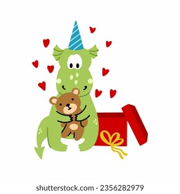 Funny cute dragon received teddy bear as gift. symbol of new year 2024 according to Eastern calendar. illustration in style of doodles. Cartoon sticker.