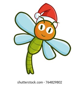 Funny and cute dragonfly wearing Santa's hat for Christmas and smiling - vector.