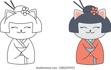 Gracioso gato lindo dibujado en kimono rojo para el restaurante japonés, libro de colorear para los niños. Ilustración vectorial de dibujos animados EPS10