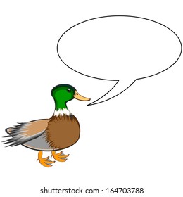A funny cute duck with a talking bubble. Vector-art illustration on a white background