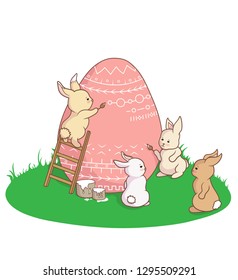 Funny cute Easter bunnies arttists painting and coloring Easter egg with paint brushes. Cuter vector card on white background.