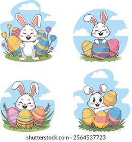 Funny and cute easter bunny eggs with happy smile vector art