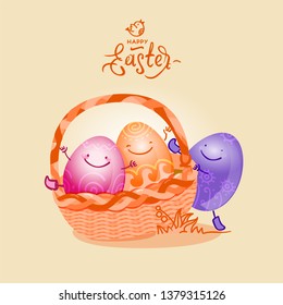 Funny cute Easter cartoon vector colored ornamental eggs in basket