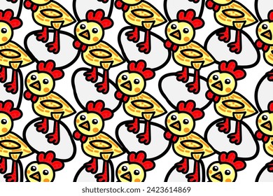 Funny and cute Easter farm cartoon chicken bird and egg. Seamless bright vector pattern for design and decoration.