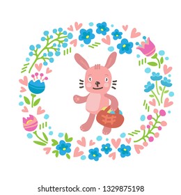 Funny cute Easter rabbit with floral border isolated on white background. Holiday vector Illustration. Design elements for stickers, magnets, greeting cards or craft books.