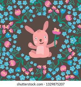 Funny cute Easter rabbit with floral border on dark background. Holiday vector Illustration. Design element for leaflets, covers, greeting cards or craft books.
