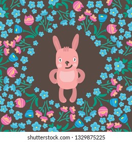Funny cute Easter rabbit with floral border on dark background. Holiday vector Illustration. Design element for leaflets, covers, greeting cards or craft books.