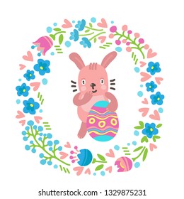 Funny cute Easter rabbit with floral border isolated on white background. Holiday vector Illustration. Design elements for stickers, magnets, greeting cards or craft books.