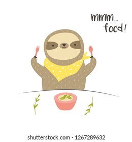 Funny cute eating breakfast. Postcard, poster, invitation design. Vector cartoon illustration