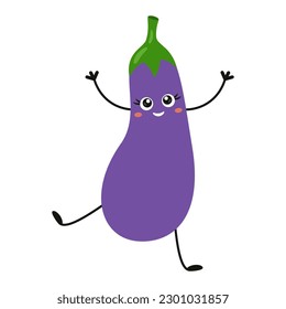 Funny and cute eggplant character dancing and smiling. Farm or fresh and healthy vegetables theme. Vector illustration isolated on white background. 