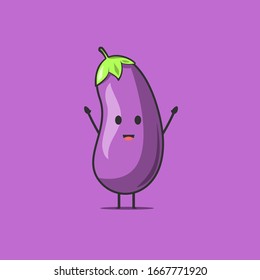 Funny cute eggplant character. Vector flat eggplant cartoon character hands up. Isolated on purple background. Eggplant fruit concept