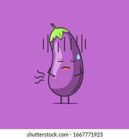Funny cute eggplant character. Vector flat eggplant cartoon character feeling hungry. Isolated on purple background. Eggplant fruit concept