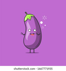 Funny cute eggplant character. Vector flat eggplant cartoon character feeling so drunk. Isolated on purple background. Eggplant fruit concept
