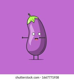 Gracioso personaje de berenjena. El personaje de la caricatura de una planta plana vectorial se muestra en miniatura. Aislado sobre fondo morado. Concepto de fruta de la planta de huevos