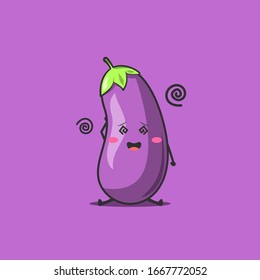 Funny cute eggplant character. Vector flat eggplant cartoon character feel so dizzy. Isolated on purple background. Eggplant fruit concept