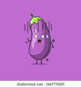 Funny cute eggplant character. Vector flat eggplant cartoon character feeling scared. Isolated on purple background. Eggplant fruit concept