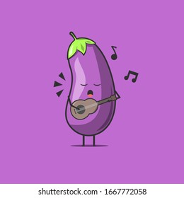 Funny cute eggplant character. Vector flat eggplant cartoon character playing guitar and singing. Isolated on purple background. Eggplant fruit concept