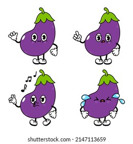 Funny cute eggplant characters bundle set.Vector hand drawn doodle style traditional cartoon vintage,retro character illustration icon design. Eggplant mascot vegetables,emoji,child,baby,adorable,kids