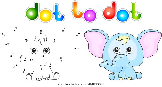 Funny and cute elephant. Vector illustration for children. Dot to dot game