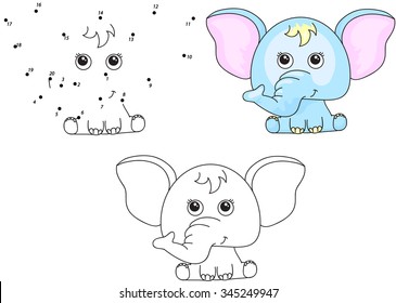 Funny and cute elephant. Vector illustration for kids. Dot to dot game and coloring book