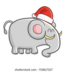Funny and cute elephant wearing Santa's hat and smiling - vector.