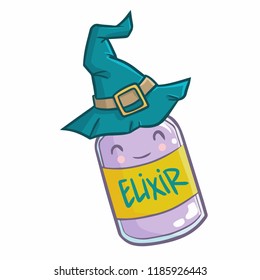 Funny and cute elixir bottle wearing witch hat for Halloween - vector.