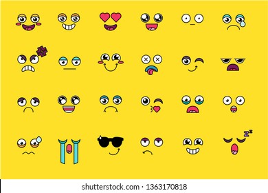 Funny, cute emoji sticker set. Yellow emoticon, social media cartoon smile pack. Emotion expression