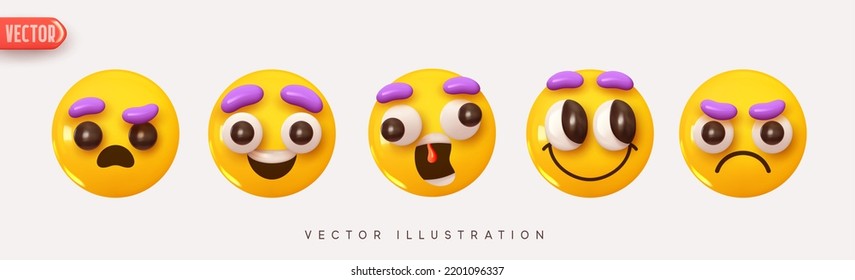 Graciosa colección de emoticonos bonitos. Seleccione Icono Sonrisa Emoji. Enfrentamiento de emociones 3d con brillo amarillo realista. ilustración vectorial