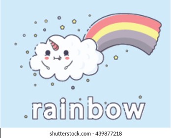 Funny cute emotional rainbow unicorn cloud logo. Can be used as a baby company emblem or as a t-shirt print. Easy to edit and recolor. 