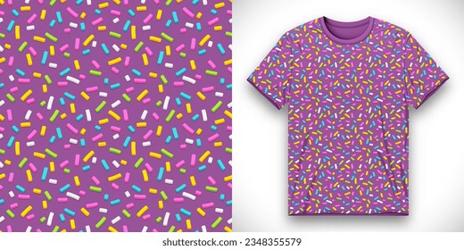 Funny cute fabric textile design for t-shirt with seamless pattern of purple donut glaze with many decorative colorful sprinkles. Front t-shirt mockup template design for sweet shop. Flat style vector