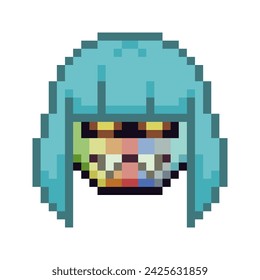 Funny cute face with blue hair pixel art icon. Cartoon character. Flat style. 8-bit style. Isolated abstract vector illustration.