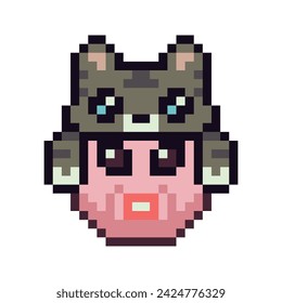 Cara linda divertida con el gatito en la cabeza pixel artф icono. Caricatura. Estilo plano. Estilo de 8 bits. Ilustración abstracta aislada del vector.