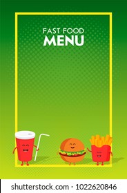 Funny cute fast food burger, soda, french fries drawn with a smile, eyes and hands. Kids restaurant menu cardboard character.