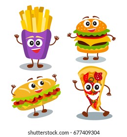 Funny, cute fast food hamburger, sandwich, pizza, french fries with smiling human face isolated on white background. Vector illustration for kids restaurant menu.