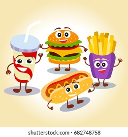 Cute Set Five Cartoon Fast Food Stock Vector (Royalty Free) 520714318 ...