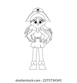 Funny and cute female pirate. Girl in a pirate costume. Coloring style