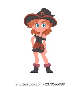 Funny and cute female pirate. Girl in a pirate costume. Cartoon style