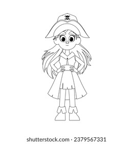 Funny and cute female pirate. Girl in a pirate costume. Coloring style
