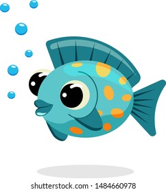 Funny cute fish with bubbles. Cartoon character. Flat vector stock illustration on white background