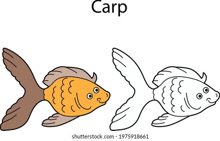 Funny cute fish carp isolated on white background. Linear, contour, black and white and colored version. Illustration can be used for coloring book and pictures for children